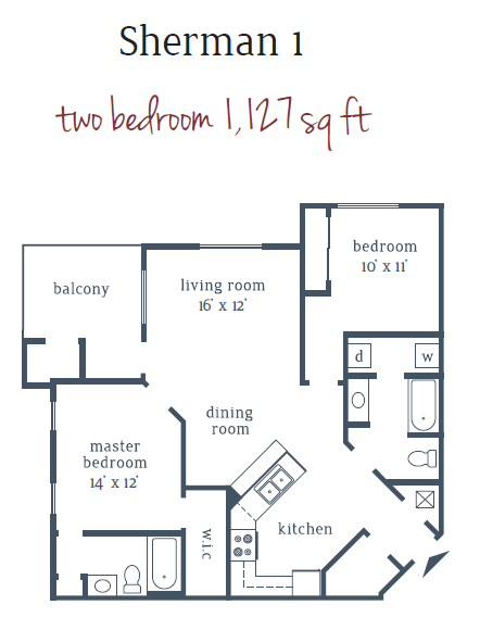 Floor plan for 2 beds, 2 baths, 1127 sqft